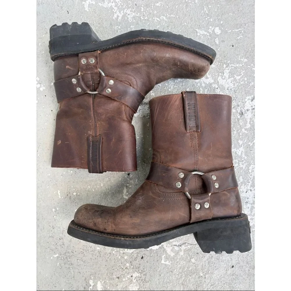 Loblan brown waxy leather biker boots